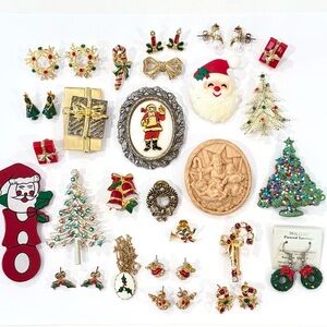 Vintage Christmas Jewelry Lot Avon Eisenburg Ice Candy Cane Brooch Rhinestone